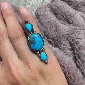 Native American Stamped RW Turquoise Sterling Silver Statement Ring